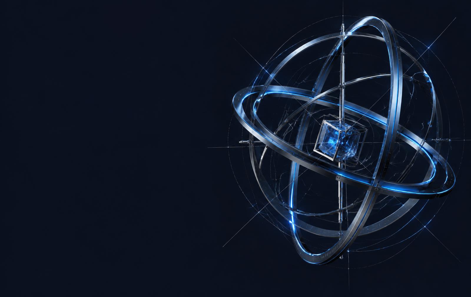 Precision-engineered blue orbital rings surrounding a geometric core